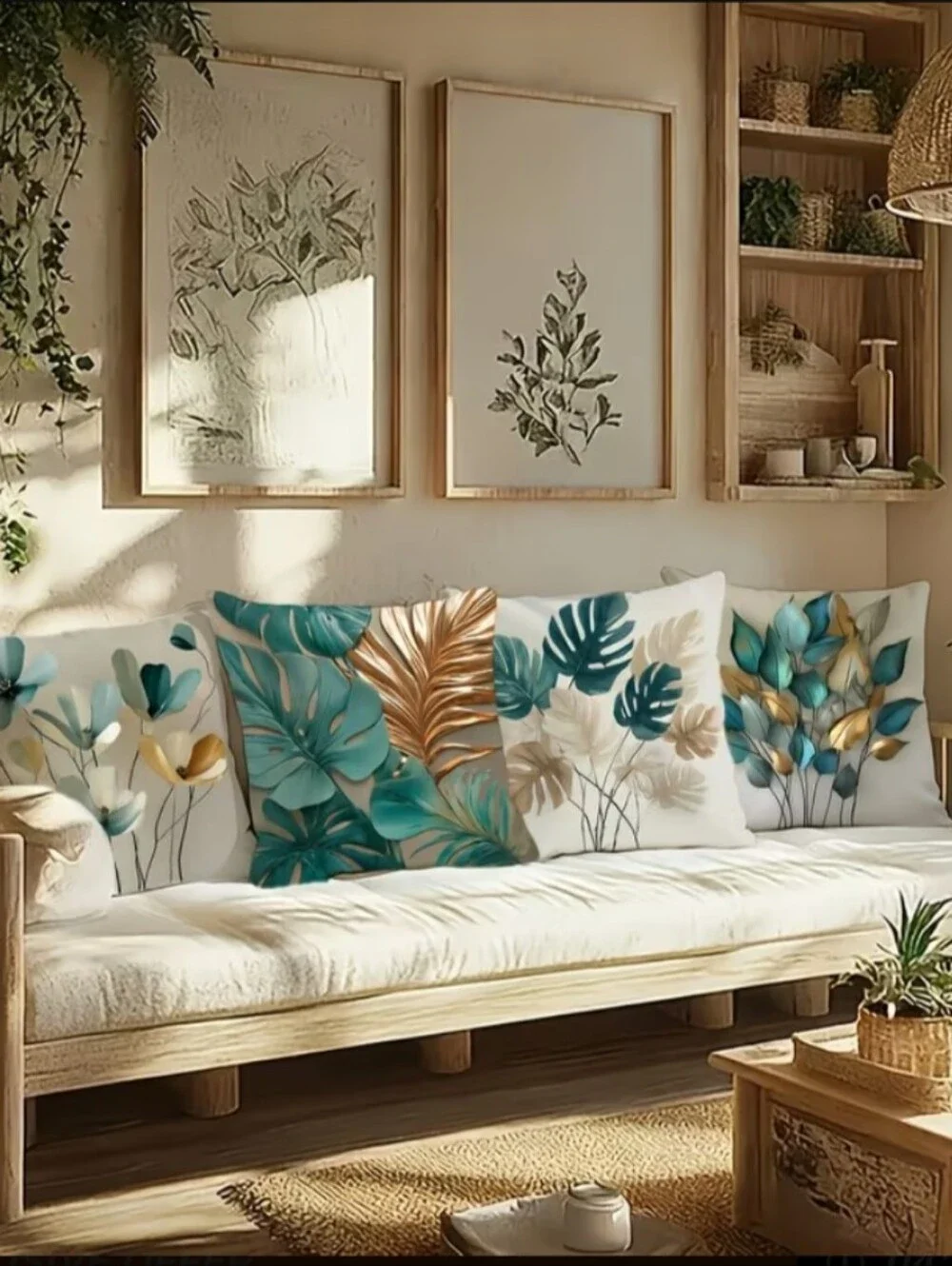 Teal & Gold Botanical Accent Pillow Set - Modern Home Accent. 4 PCs.